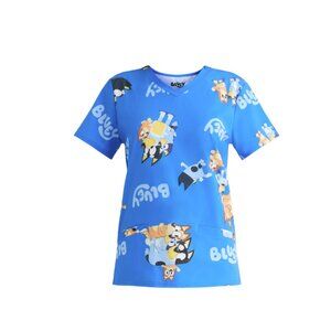 Bluey Women’s Scrub Top V-Neck Bluey & Bingo All Over Print